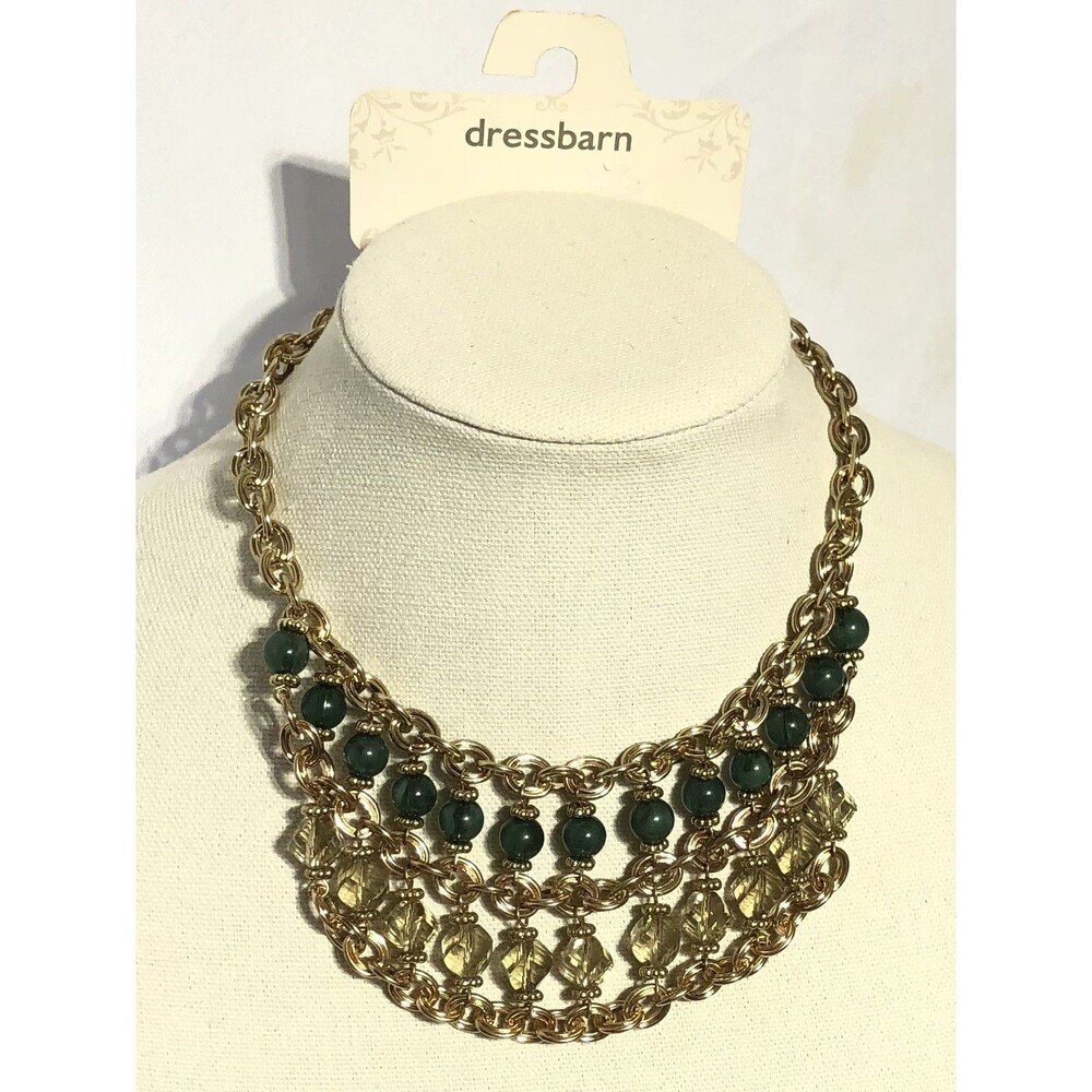 NWT Dressbarn Necklace Gold Plated Jade Green & Gray Clear Beads Costume Jewelry